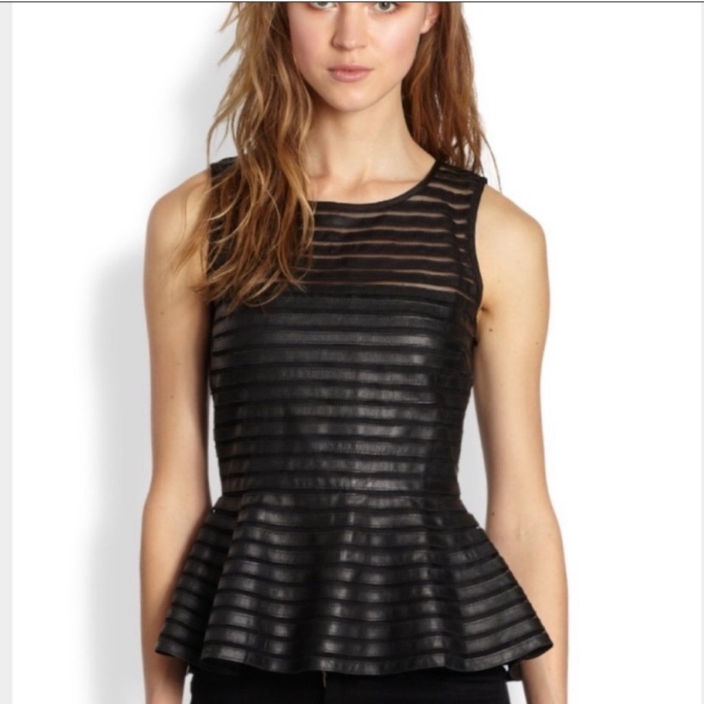 NWOT PARKER BLACK LEATHER MESH STRIPED PEPLUM TOP XS